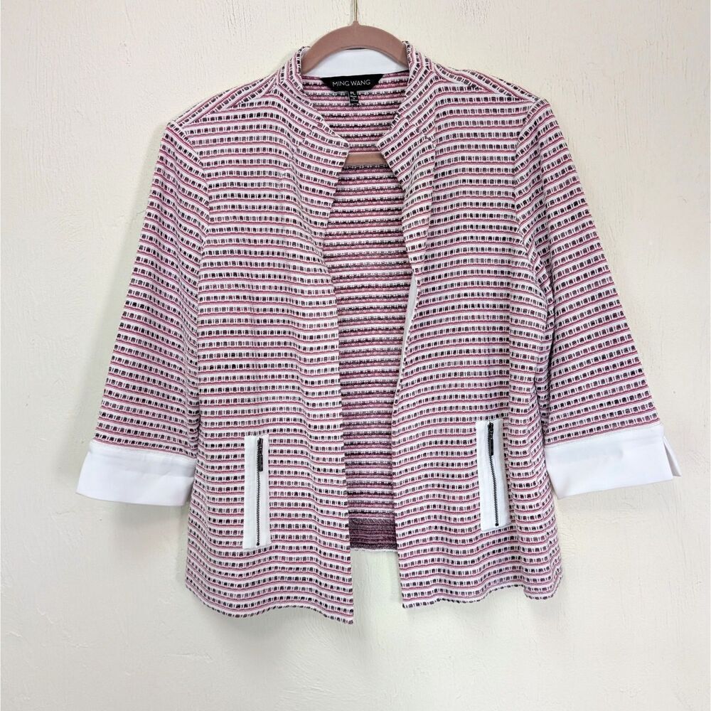 Ming Wang Pink White Stripe Open Jacket Blazer Cardigan Sweater Size petites L